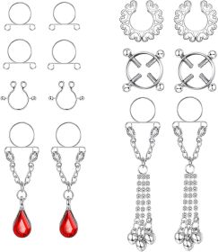 5Pairs Fake Nipple Rings for Women Men Adjustable Shield Rings with Bell Surgical Steel Nipple Clamp Rings Non Piercing Nipple Rings Dangles Clip